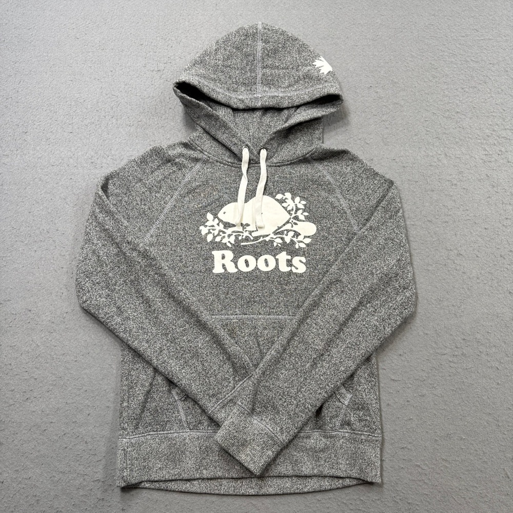 Roots Hoodie Women's XS Heather Gray Salt & Pepper Fleece Lined Pullover Varsity